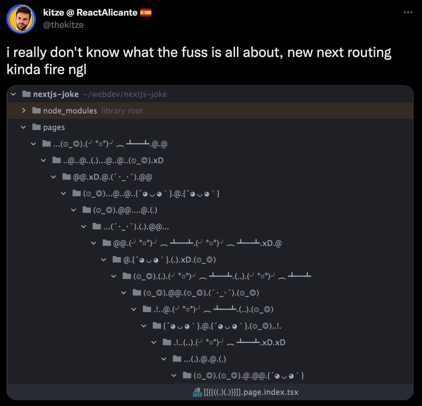 Next.js routing showing a ridiculously complex file-system based routing tree