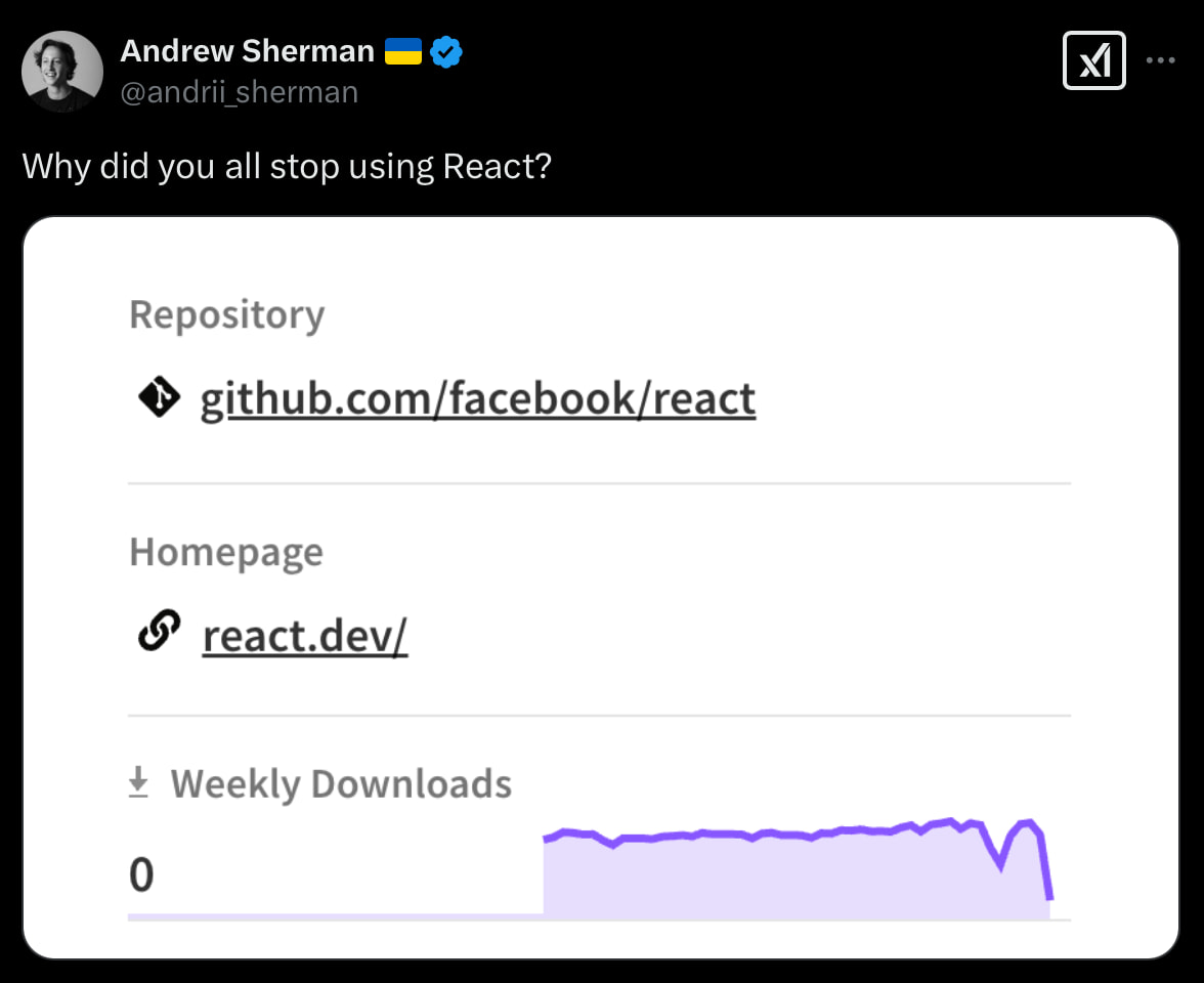 React npm screenshot with downdloads at 0